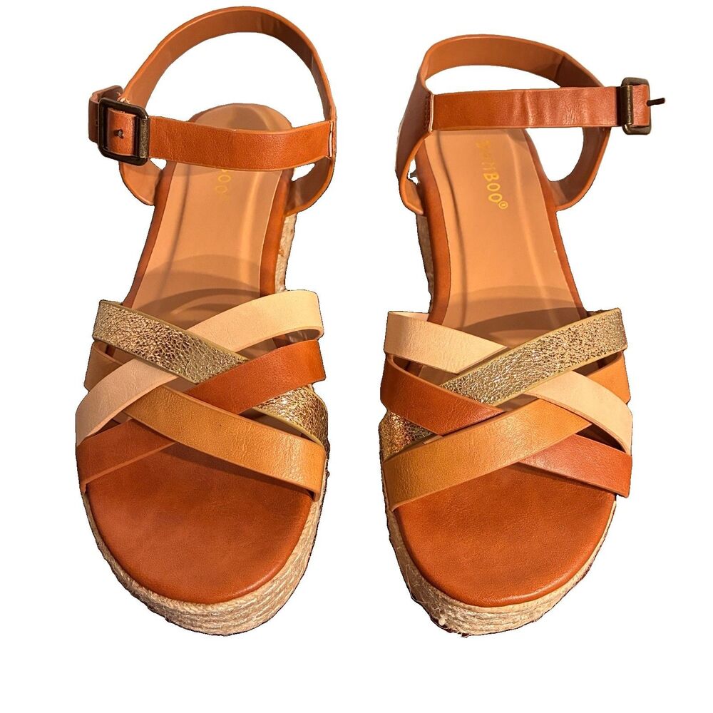 Women’s Bamboo Strappy Criss Cross Wedge Sandals Shades Of Brown, 1 Glitter Sz 9